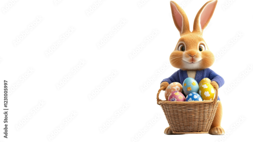Easter bunny holding basket with colorful eggs on transparent background