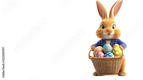 Obraz na płótnie Easter bunny holding basket with colorful eggs on transparent background w salonie