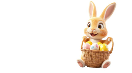 Easter bunny carrying basket with colorful eggs on transparent background