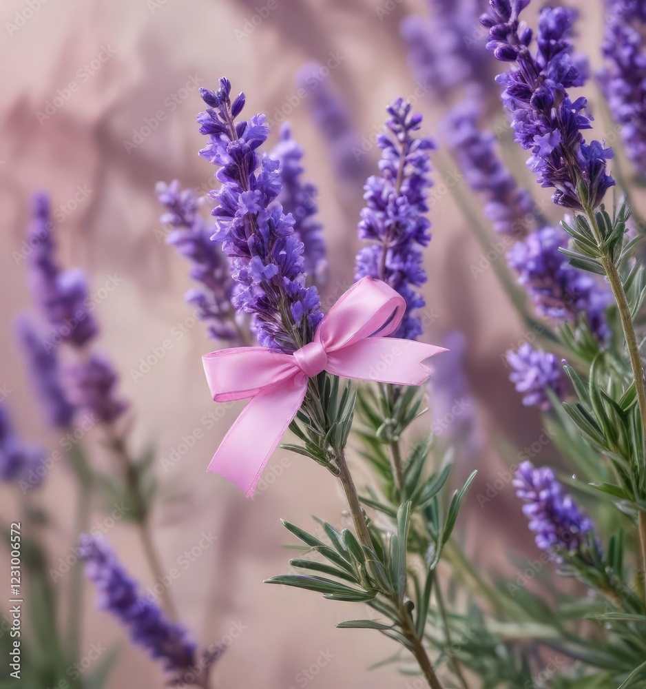 Obraz premium Soft pink ribbon tied around a branch of blooming lavender flowers, nature, purple flowers, flower