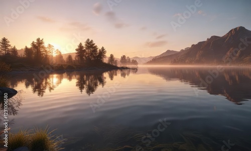 Soft undulations on a calm lake surface at dawn, landscape, dawn, reflection