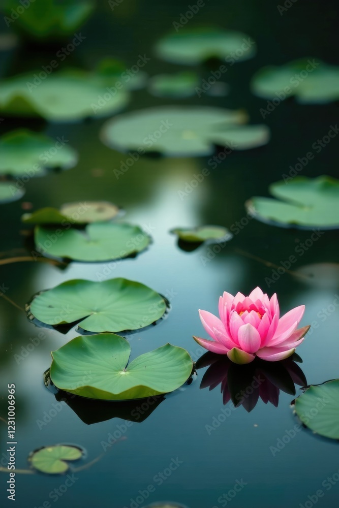 Lotus leaves scattered on the surface of a peaceful pond, water, surface Lotus leaves scattered on the surface of a peaceful pond, water, surface