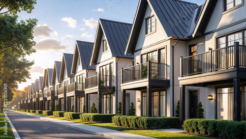 A row of sleek, modern townhouses with gray metal roof , white exterior, and second floor balconies on each unit photo