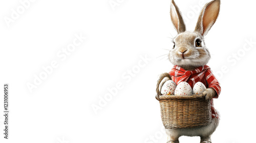 Easter bunny carrying basket with decorated eggs on transparent background