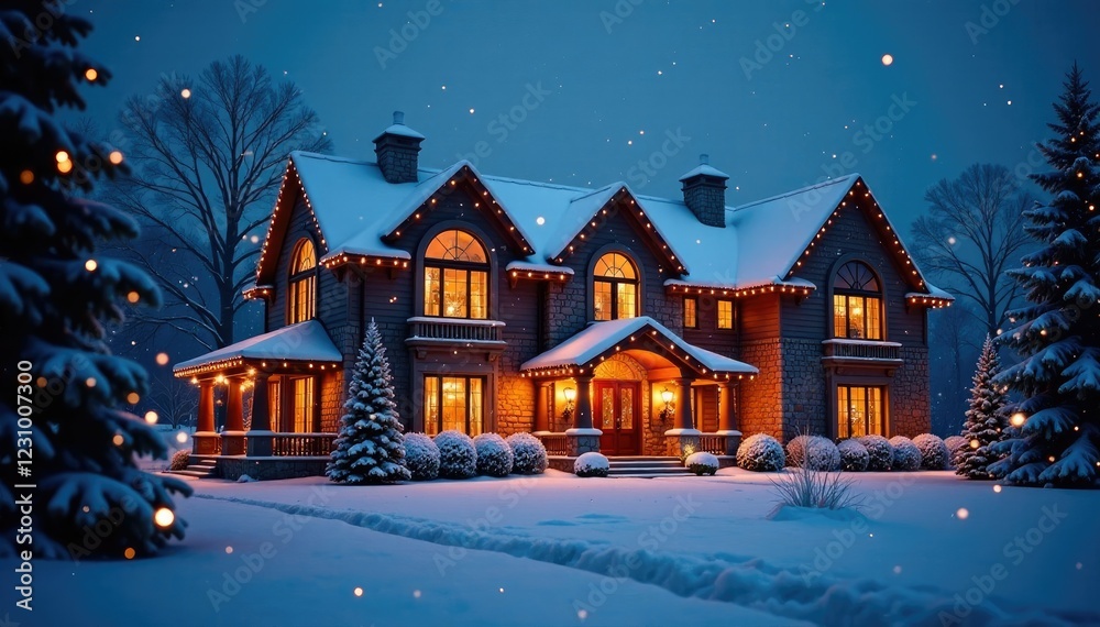 Fototapeta premium Luxury mansion shines under magical Christmas fairy lights, winter, mansion