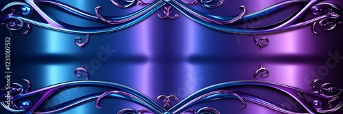 Swirling, intricate designs in metallic shades of blue and purple create an elegant, symmetrical pattern. The reflective surface adds depth and highlights the ornate, flowing curves.