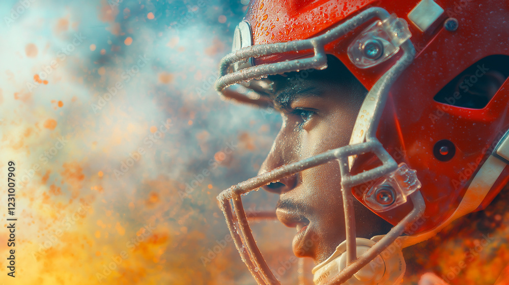 Determined football player in red helmet against dynamic background Determined football player in red helmet against dynamic background
