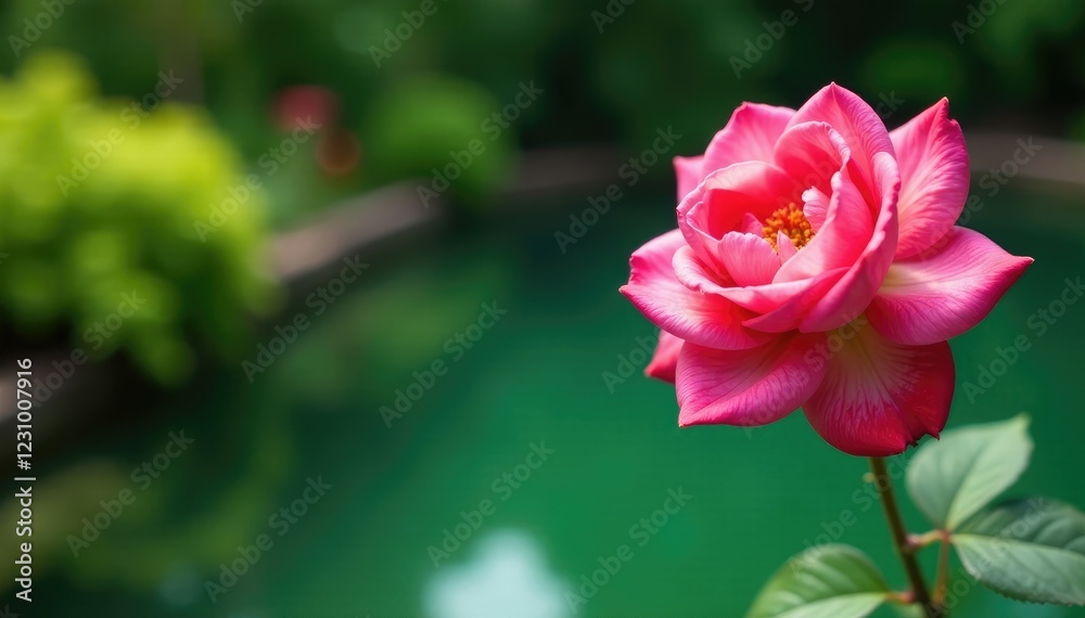 Rosa floreciente en un jard?n con un estanque verde, primavera, naturaleza, agua Rosa floreciente en un jard?n con un estanque verde, primavera, naturaleza, agua