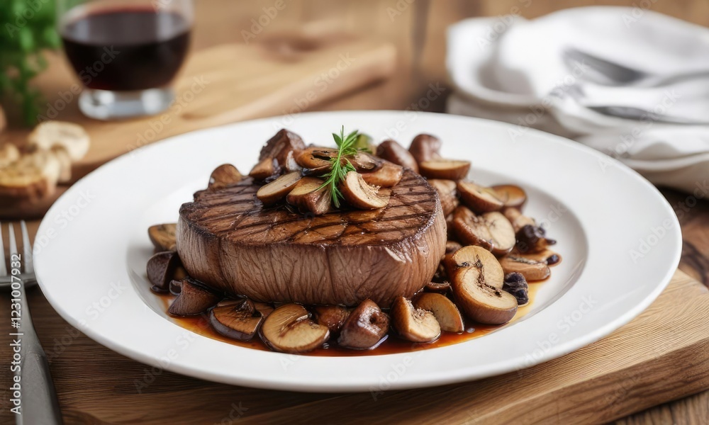 Pan-seared beef steak with saut?ed mushrooms on a white plate, savory sauce, upscale food Pan-seared beef steak with saut?ed mushrooms on a white plate, savory sauce, upscale food