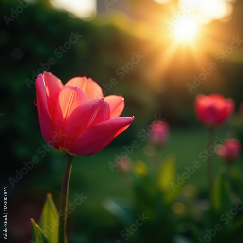 Rosa tulipana en un jard?n con l?mpara de sol, illuminaci?n, florales, rosa