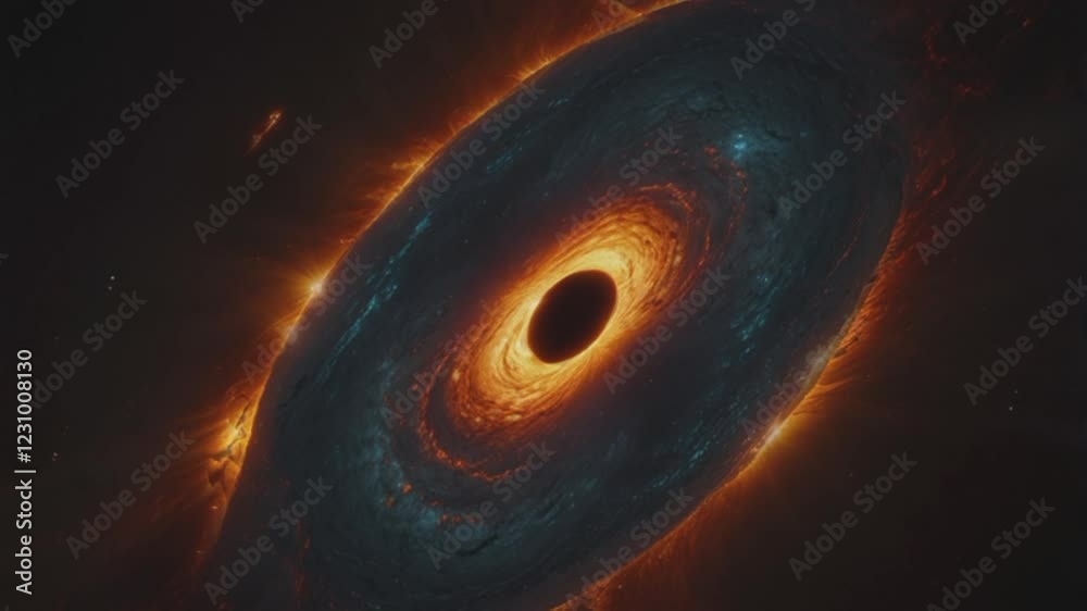 an artistic representation of a black hole surrounded by a glowing accretion disk. The black hole, represented by the black ball in the center, bends light around it