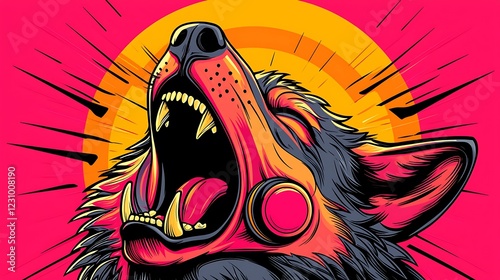 A vibrant wolf howling against a colorful sunset backdrop, showcasing bold graphic art style