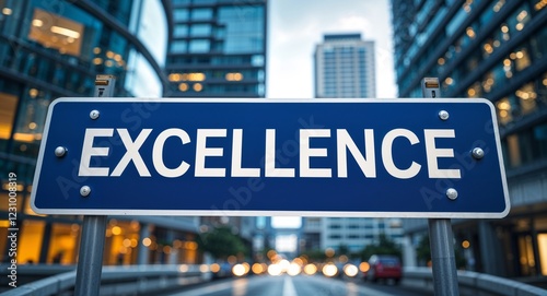 excellence text on road sign in middle of modern business city background