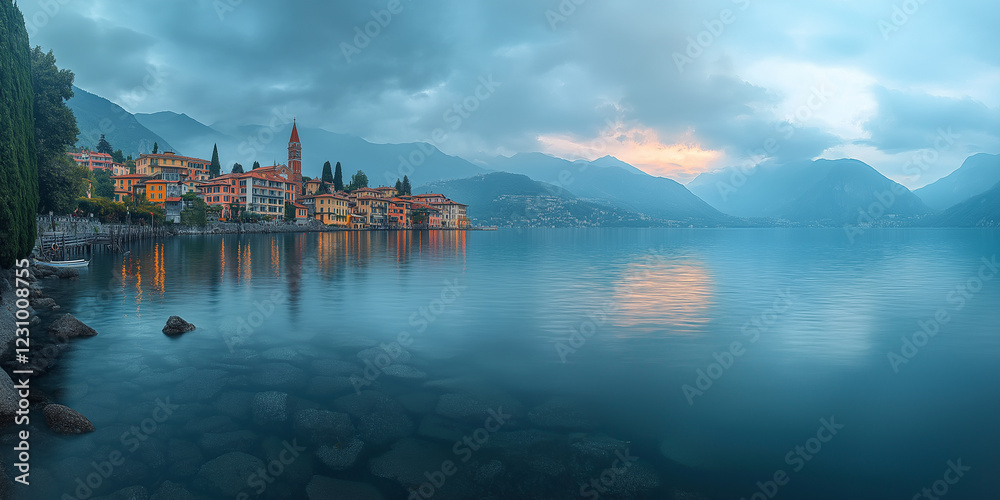 Obraz premium Serene twilight reflection over lake varenna italy landscape photography calm waters scenic view travel inspiration