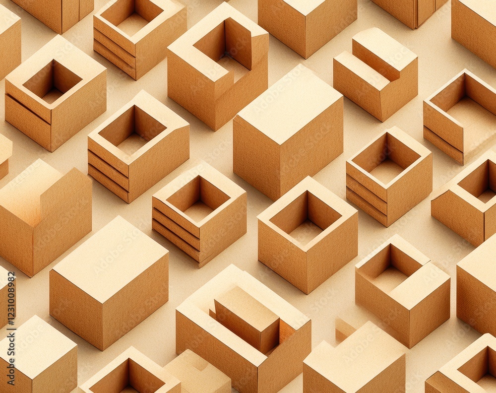 Abstract pattern of various-sized, empty cardboard boxes on a beige background. Abstract pattern of various-sized, empty cardboard boxes on a beige background.
