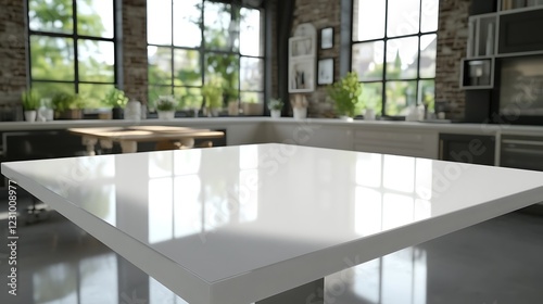 White Tabletop In Modern Kitchen Setting With Windows photo
