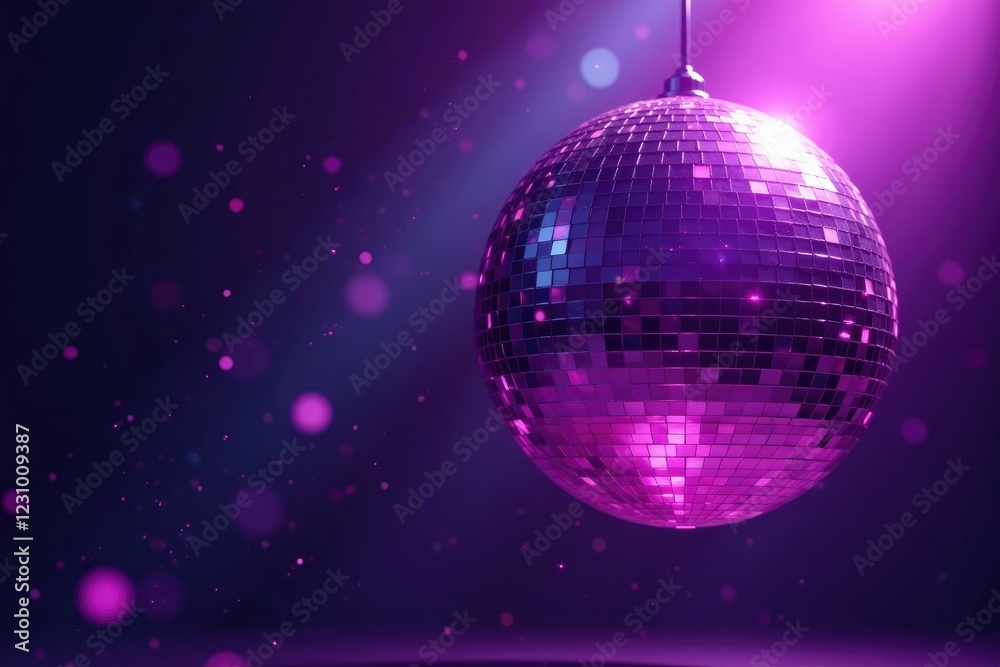 Obraz premium Sparkling purple disco ball suspended in mid air, illumination, disco ball, luxury