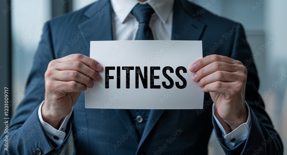 fitness text on plain white paper in hand on guy on formal suit business concept background fitness text on plain white paper in hand on guy on formal suit business concept background