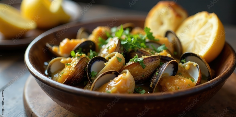 Steamed clams in a large bowl with garlic bread and lemon wedges, lemon, wedges, bowl Steamed clams in a large bowl with garlic bread and lemon wedges, lemon, wedges, bowl