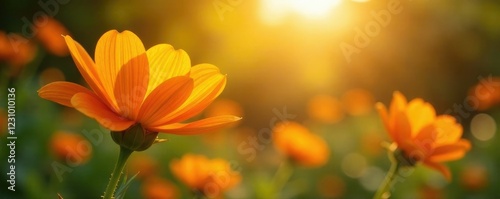 Radiant orange blossom in the golden sunlight, garden, yellow, orange