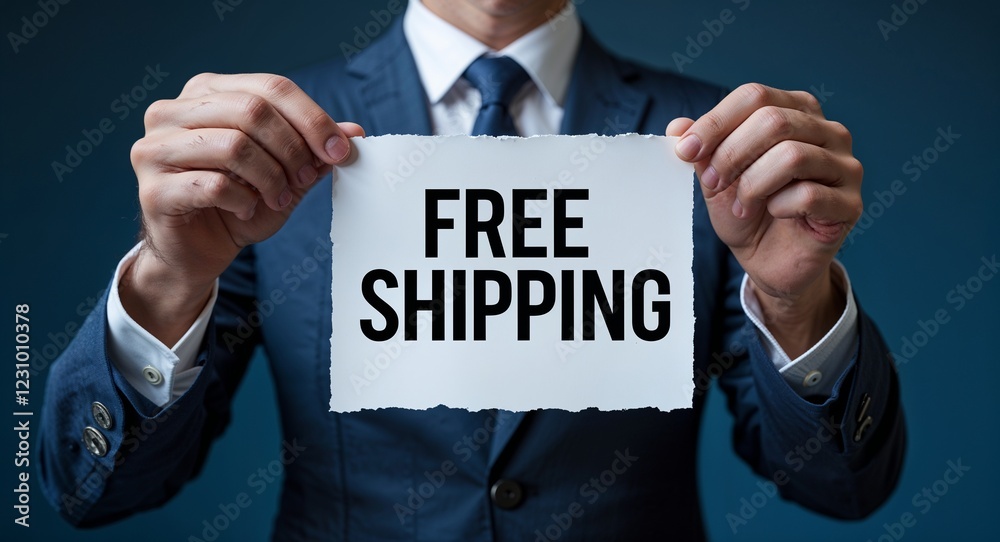 free shipping text on plain white paper in hand on guy on formal suit business concept background free shipping text on plain white paper in hand on guy on formal suit business concept background