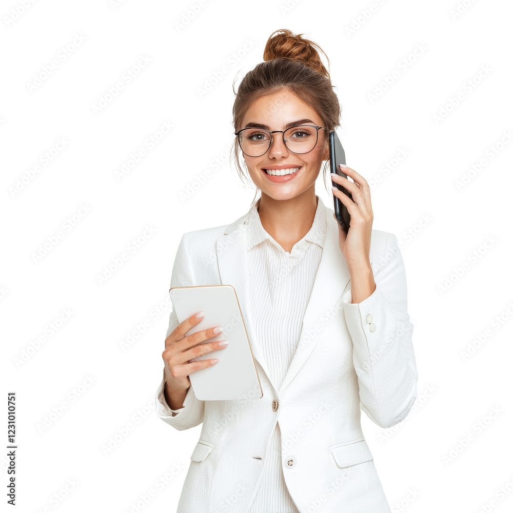 Professional woman in white suit talking on phone while holding tablet, exuding confidence and approachability Professional woman in white suit talking on phone while holding tablet, exuding confidence and approachability