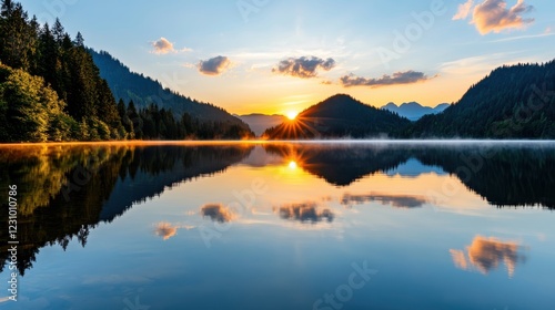 Serene sunset over a mountain lake with mist and colorful reflections