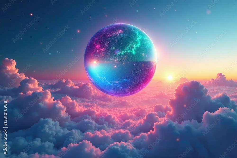 Fototapeta premium A colorful orb levitates above the azure expanse, sphere, glowing, chromatic