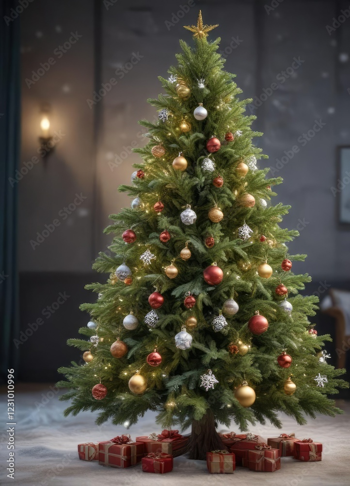 Evergreen fir Christmas tree with snowflakes and ornaments, ornaments, frosty, decorated tree Evergreen fir Christmas tree with snowflakes and ornaments, ornaments, frosty, decorated tree