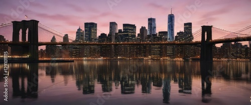 Reflections of the Brooklyn Bridge and Manhattan skyline in calm waters of East River at dusk, manhattan skyline, natural light effects