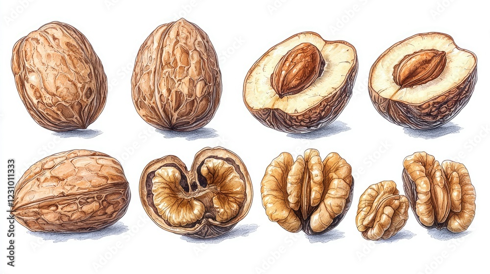 Detailed Illustration of Walnuts in Various States