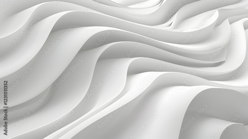 A smooth, flowing surface with soft curves and waves in white tones.