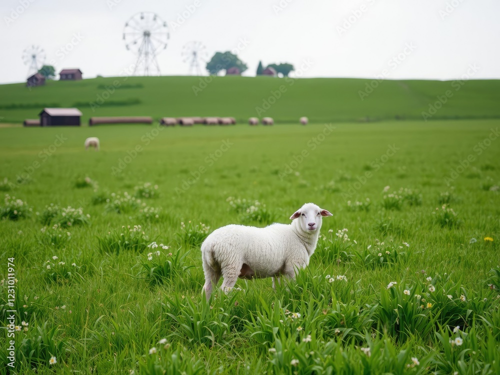 Fototapeta premium Rural landscape with a white sheep in green field, green grass, rolling hills, rural scene