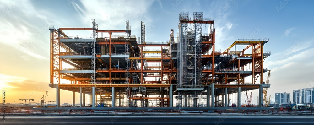 Modern construction site showcasing an unfinished building structure. Modern construction site showcasing an unfinished building structure.