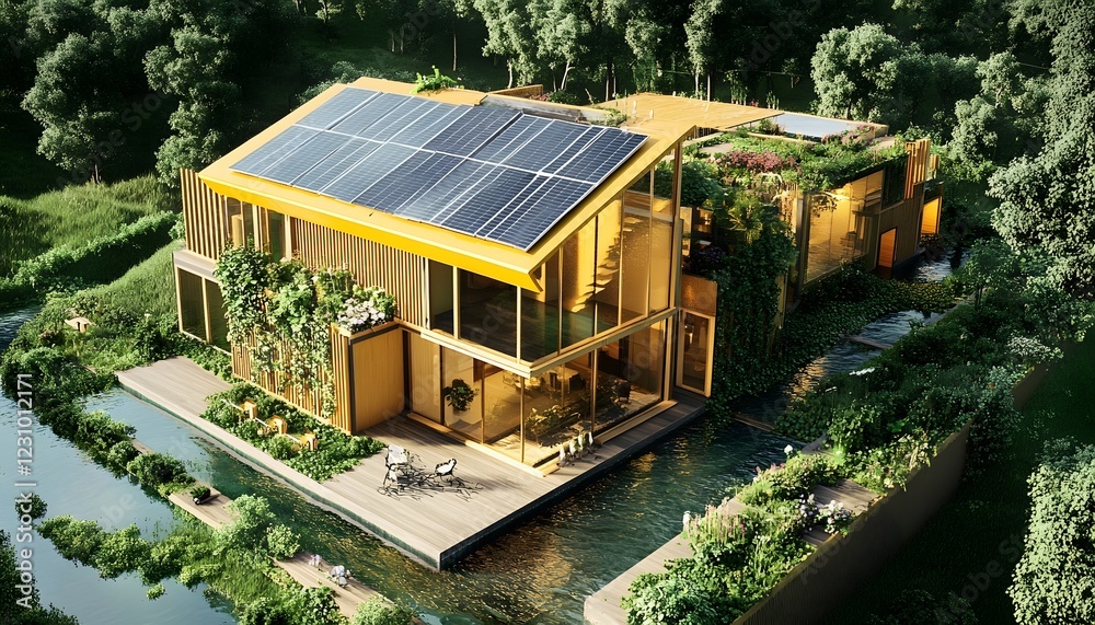 Modern eco-friendly house with solar panels and lush greenery. Modern eco-friendly house with solar panels and lush greenery.