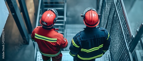 Two firefighters in safety gear descending a staircase.