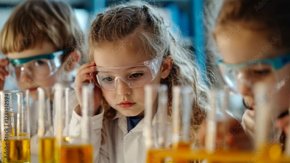 Curious Young Scientists Experimenting with Colorful Liquids in a Laboratory Setting Curious Young Scientists Experimenting with Colorful Liquids in a Laboratory Setting