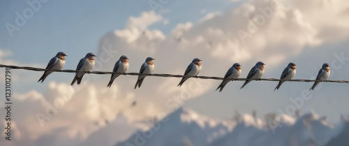 Serene artwork of swallows perched peacefully on wire, peaceful, serene, wire, migration photo