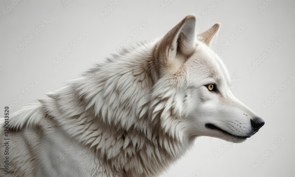 Naklejka premium Side view of elegant white gray wolf on white background, fierce, arctic, endangered, dangerous