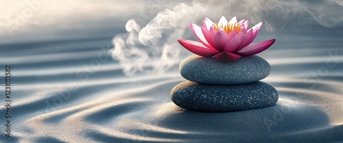 Serene stillness a pink water lily rests atop smooth stones in a tranquil zen garden