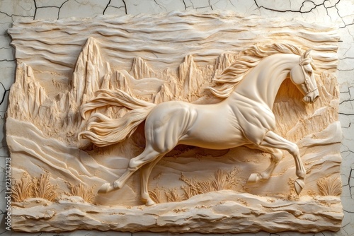 Beige horse bas-relief, mountain landscape background, wall art decor photo