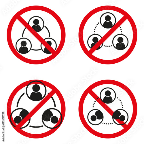 Prohibited circle icon. No access symbols. Red forbidden sign. User group icons.