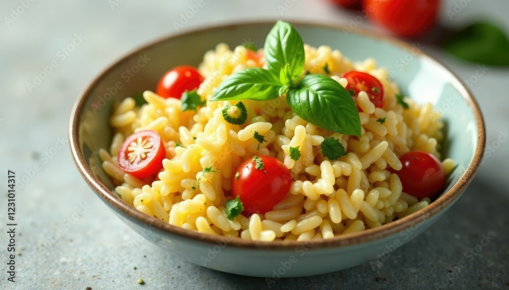 Fresh orzo salad composed of cooked orzo pasta, cherry tomatoes, and fragrant fresh basil leaves, mix, orzo Fresh orzo salad composed of cooked orzo pasta, cherry tomatoes, and fragrant fresh basil leaves, mix, orzo