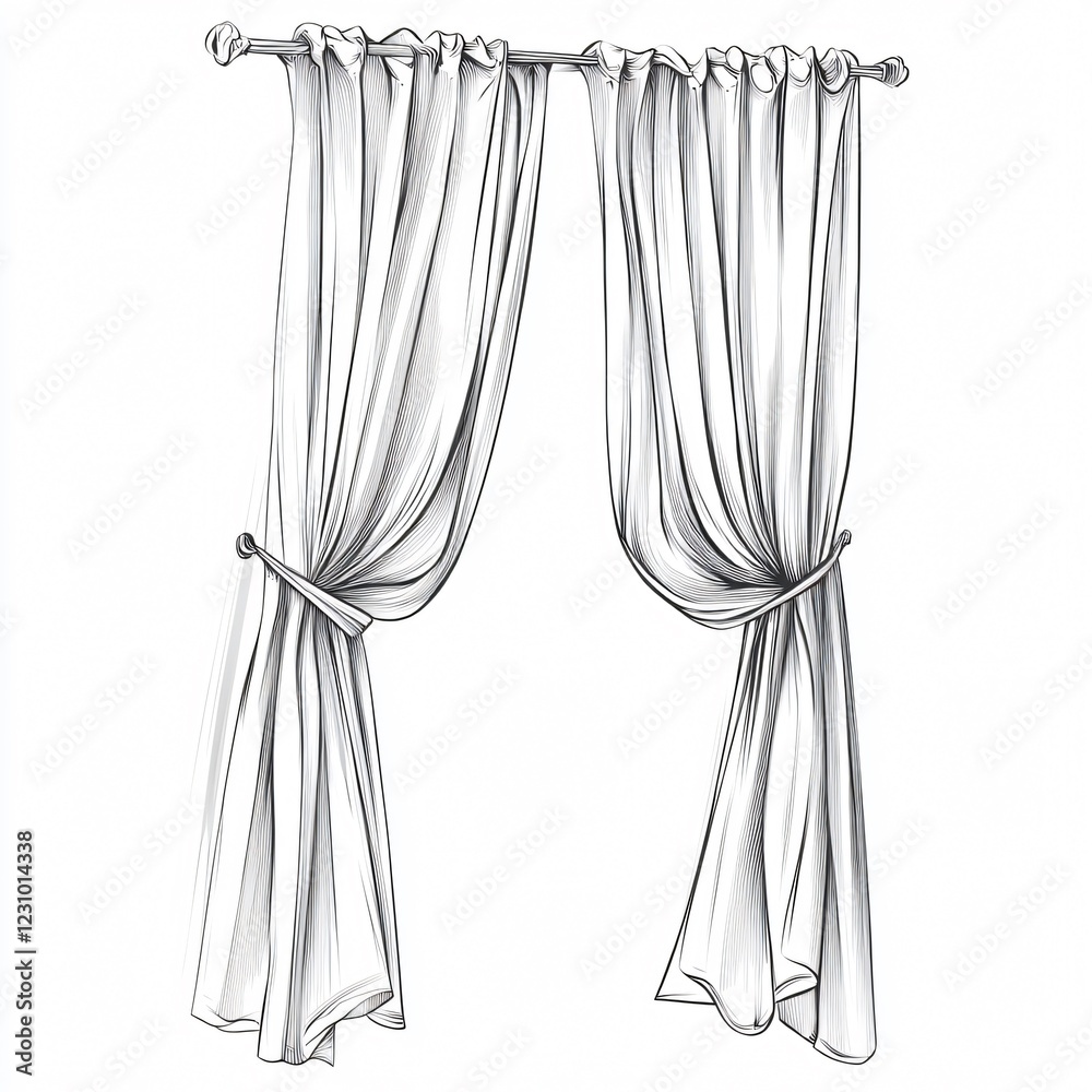 Elegant Hand-Drawn Sketch Long Curtains White Background Elegant Hand-Drawn Sketch Long Curtains White Background