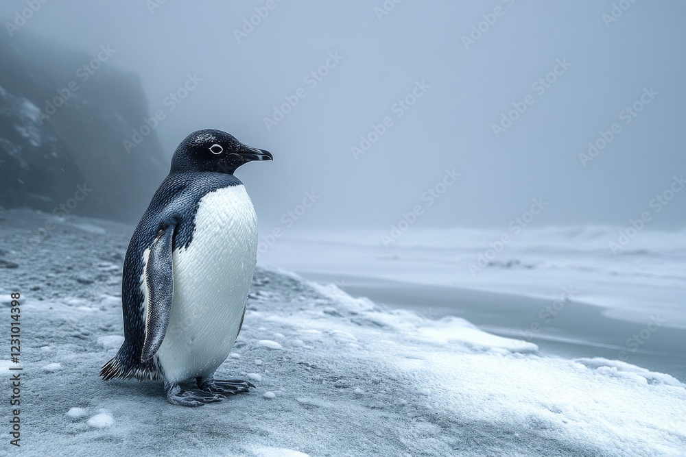 Fototapeta premium Solitude on Ice: A Lone Penguin in Its Natural Habitat Observing the Frozen Shoreline