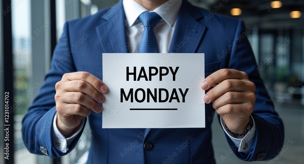 happy Monday text on plain white paper in hand on guy on formal suit business concept background happy Monday text on plain white paper in hand on guy on formal suit business concept background