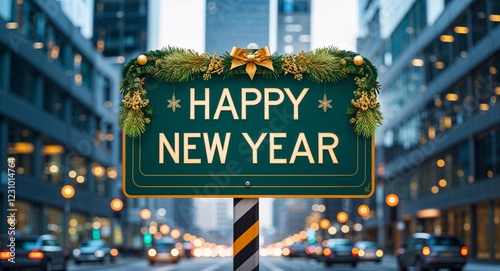 happy new year text on road sign in middle of modern business city background