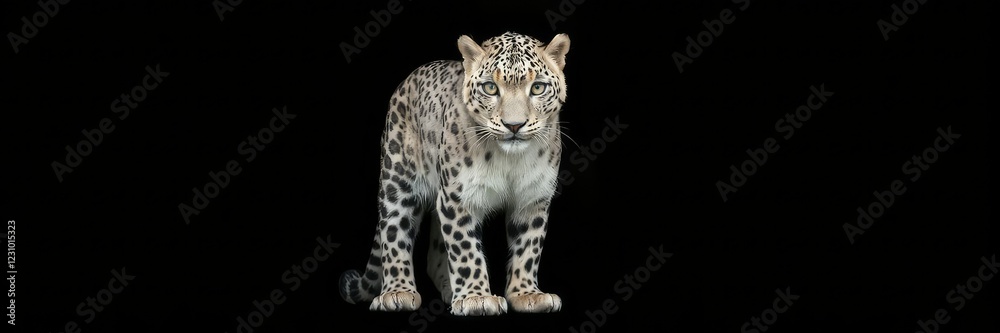 Snow leopard with intense gaze standing alone on a void black background, graceful, cold Snow leopard with intense gaze standing alone on a void black background, graceful, cold