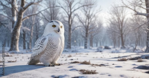 Snowy owl in a winter wonderland landscape with snow-covered trees and frozen ground, cold, frost, icy