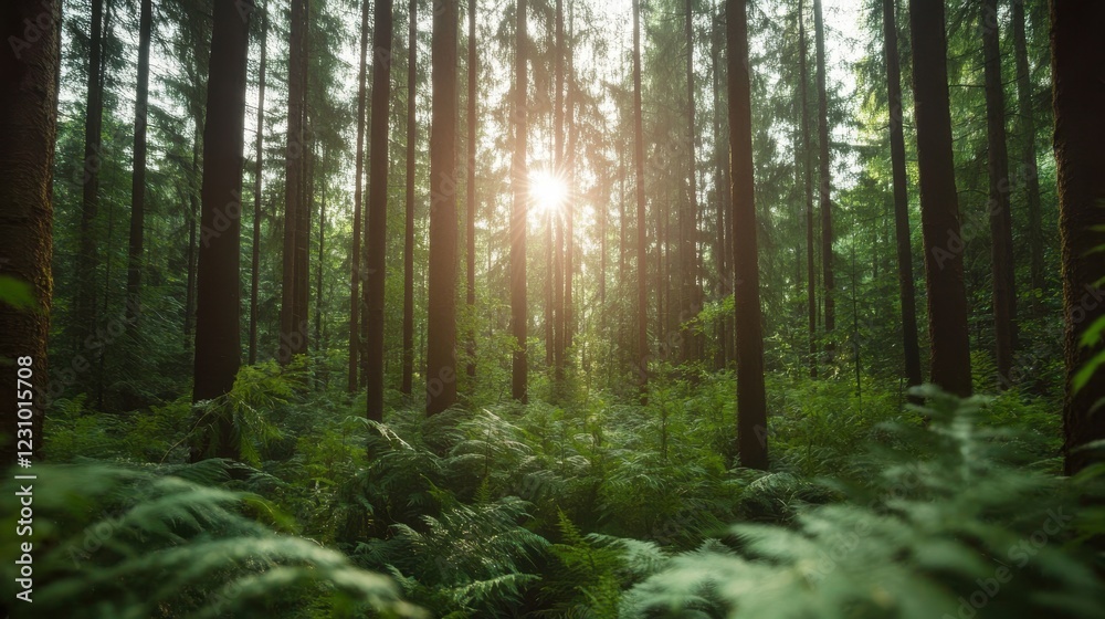 Fototapeta premium Dog joyfully exploring a lush forest filled with sunlight and greenery